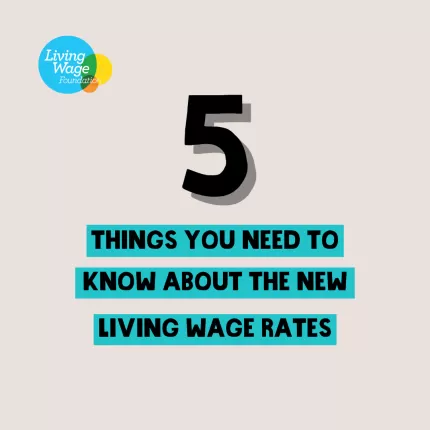 Graphic wiht grey background. '5 things you need to know about the new Living Wage rates' in black block letters with the words inside blue ribbons