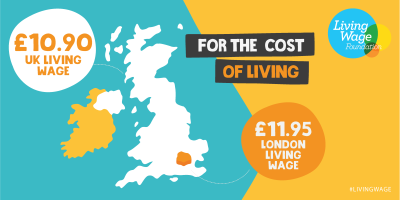 Map of Living Wage rates with 'for the cost of living' slogan