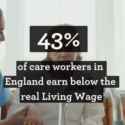 Image of a care worker and patient with text reading '43% of care workers in England earn below the real Living Wage'