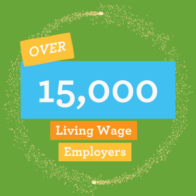 Text reads 'over 15,000 Living Wage Employers' on a green background with sparkle effect