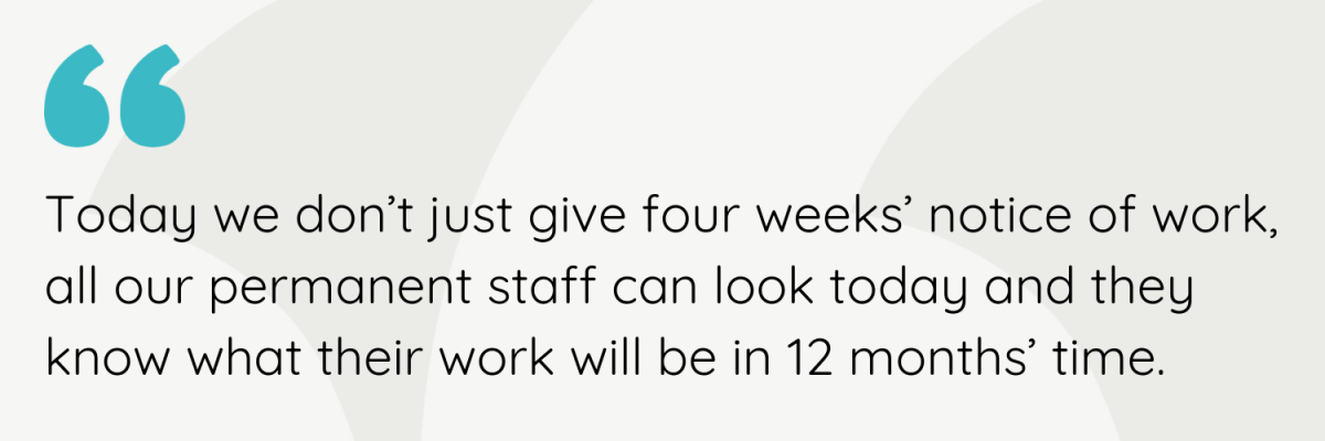 Today we don’t just give four weeks’ notice of work, all our permanent staff can look today and they know what their work will be in 12 months’ time.