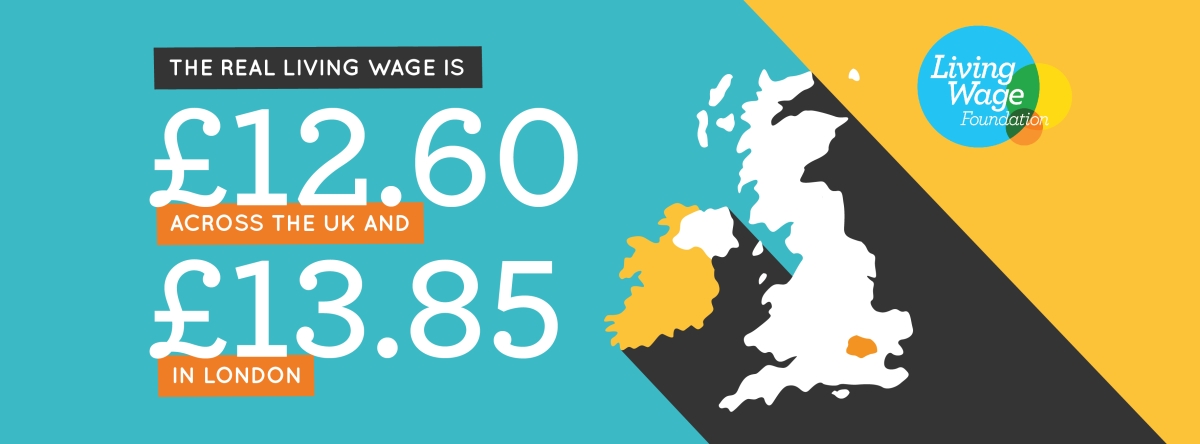 Living Wage rates 2023-24 (£12.60 UK, £13.85 London) on map image